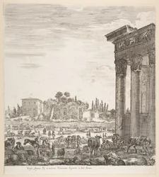 Søylene til Antoninus-tempelet til høyre, en del av Campo Vaccino i sentrum og..., 1656.