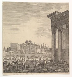 Søylene til Antoninus-tempelet til høyre, en del av Campo Vaccino i sentrum og..., 1656.