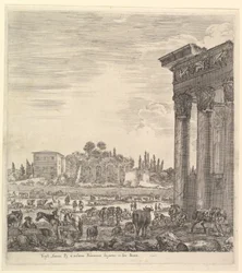 Søylene til Antoninus-tempelet til høyre, en del av Campo Vaccino i sentrum og..., 1656.