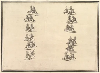 Tjuefire ryttere som duellerer og danner to kolonner, fra La Gara delle Stagioni, 1652.