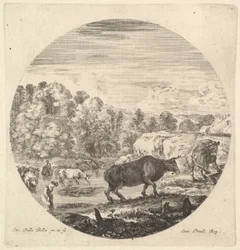 To kyr i sentrum, etterfulgt av to bondekvinner og andre kyr i elva til le..., ca. 1643-48.