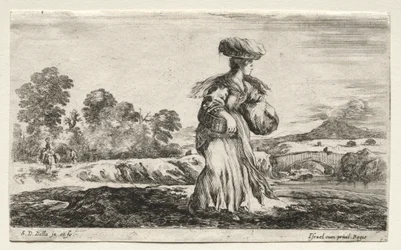 Ulike figurer og landskap: Bondekvinne som bærer en kurv på hodet, 1649.