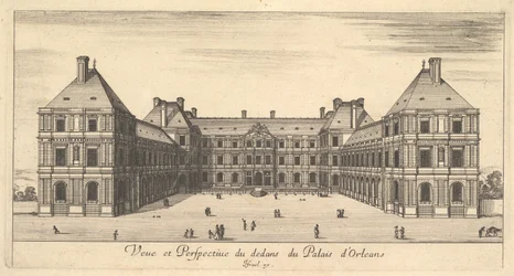 Utsikt og perspektiv på innsiden av Palais dOrleans, fra forskjellige utsikter over rema..., 1649-51.