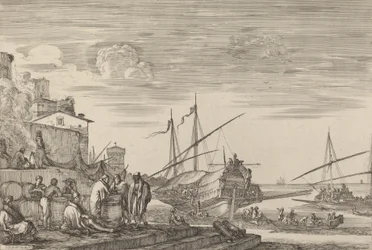 Utsikt over flere hus som vender mot havnen, sannsynligvis ca. 16541655.