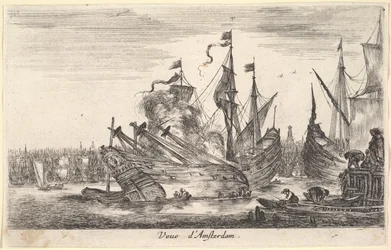 Utsikt over Amsterdam-havnen Veue dAmsterdam, menn i robåter jobber på et skip i sentrum..., 1647.
