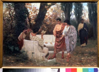 Den romerske poeten Catullus (87-54 f.Kr.) leser diktet sitt (romersk poet Catullus leser diktet sitt). Maleri av Stepan Vladislavovich Bakalovich (1857-1947). Olje på lerret, 26,8 x 39 cm