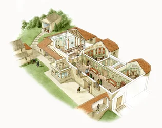 Chedworth romerske villa, ca. 380–390 e.Kr. (blekk og akvarell på papir)