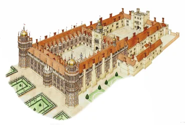Nonsuch Palace, Surrey, ca. 1540–1600 (blekk og akvarell)