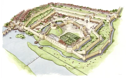 Wallingford Castle, Oxfordshire, ca. 1300–1399 (blekk og akvarell)