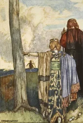 Dronning Maeve møter Cuchulain, illustrasjon fra 'Cuchulain, The Hound of Ulster', av Eleanor Hull (1860-1935)
