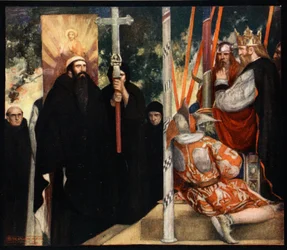 Mottakelse av Saint Augustine av Ethelbert, illustrasjon fra 'The Mighty Army' av Winifred M. Letts, pub. 1912 (farge litho)