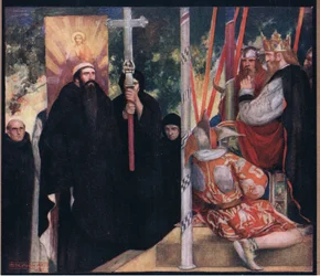 Mottakelsen av Saint Augustine av Ethelbert (farge litho)