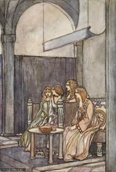 Der satt de tre jomfruene sammen med dronningen, illustrasjon fra 'The High Deeds of Finn, and other Bardic Romances of Ancient Ireland' av TW Rolleston (farge litho)