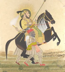 Maharana Sangram Singh rir på en premiehingst, ca. 1712.
