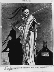 Alkoholisme på 1800-tallet sier døden: «De vil fjerne absint fra meg! Bah! Jeg vil alltid ha nålgeværet igjen!» - tegning av Stopp i "" Charivari"" fra 12.04.1867
