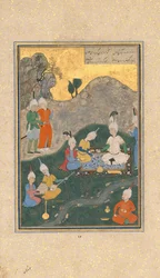 Alexander på en bankett, Folio fra en Khamsa Quintet of Nizami, datert A.H. 931A.D. 1524-25.
