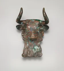Oksehodepryd for en lyre, ca. 2600–2350 f.Kr. (bronse, innlagt med skall og lapis lazuli)