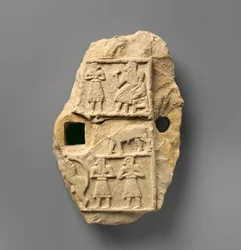 Relieffplakett med en bankettscene, ca. 2600–2500 f.Kr. (gipsalabast)