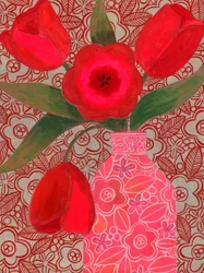 Et livfullt stilleben med tulipaner