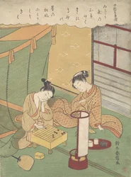 En ung kvinne og mann som spiller Shogi japansk sjakk, Chunagon Kanesuke, fra en ser..., ca. 1767-69.