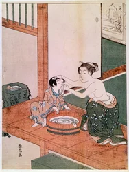 En naken mor vasker barnet sitt i Japan ved et basseng fylt med vann. Trykk av Suzuki Harunobu (1725-1770). 1766-1768. Mål: 0,27 x 0,201 m. Paris, Musée Guimet, Nasjonalmuseet for asiatisk kunst