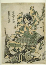 Asaina Saburo Yoshihide trekker rustningen til Soga no Goro, ca. 1777 (treblokktrykk)