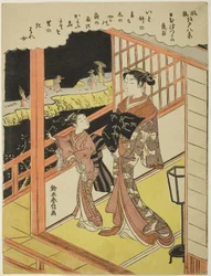 Kveldsregn ved Nihonzutsumi (Nihonzutsumi no yau), fra serien «Åtte fasjonable utsikter over Edo (Furyu Edo hakkei)», ca. 1768–69 (farget tresnitt; chuban)