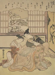 Evening Snow on Matsuchi Hilll, fra serien Eight Fashionable Views of Edo Fur..., ca. 1765-70.