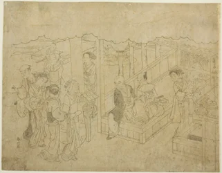 Nøkkelblokktrykk for The Introduction (Miai), det første arket fra serien "Marriage in Brocade Prints, the Carriage of the Virtuous Woman (Konrei nishiki misao-guruma)"