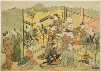 The Ceremonial Sake (Konrei sakazuki), det fjerde arket i serien "Marriage in Brocade Prints, the Carriage of the Virtuous Woman (Konrei nishiki misao-guruma)"