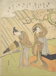 Ung mann og kvinne fanget i regnet mens de nyter kirsebærblomster Sakura-gari..., ca. 1768-70.