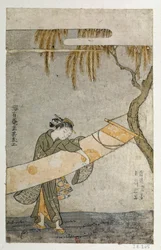 Ung kvinne som pleier en kakemono, fester seg til et tre. Japansk trykk av Harunobu Suzuki (1725–1770)