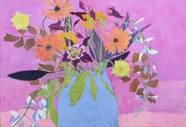 Maiblomster med akeleie, 2023 (eggetempera på trepanel)