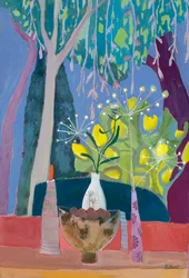 Stilleben med bolle og tre vaser med trær som bakgrunn, 2018 (gouache)