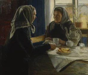 To kvinner drikker kaffe (olje på lerret)