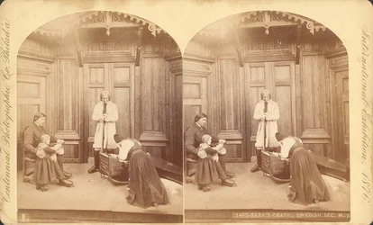 Babys Death, Swedish Section, fra utstillingstittel: Scener i svenskenes hjemmeliv, utstilling #na, hovedutstillingsbygning, bygning, 1876 (stereoskopisk trykk)