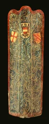 En sjelden sveitsisk pavise av tre dekket med gessomalt lerret av grønt rullende bladdesign og våpenskjoldene til Habsburg, League of St George og byen Winterthur, ca. 1445