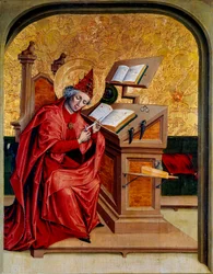 Portrett av Saint Gregoire den store eller den store (540-604) Pave fra 590 til 604 Maleri av den sveitsiske skolen på 1400-tallet Dijon, Museum of Fine Arts