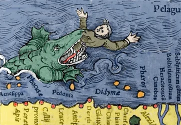 Sjømonster som spiser et menneske, illustrasjon fra «Historiae Animalium» av Conrad Gesner