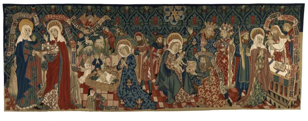 Ryggteppe som skildrer fire scener fra Jomfruens liv, fra Basel, ca. 1450-75 (ull- og hvite lintråder)