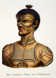 Tatovert mann fra Nukahiwa, fra Etnologisk studie av forskjellige rasetyper fra forskjellige kontinenter, av C.I. Brodtmann, utgitt 1824