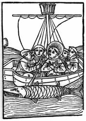 Legenden om Saint Brendan (Brandan), helter og irsk helgen fra 600-tallet: Møtet med den gigantiske fisken Isconius. Gravering av “” Die Wunderbare Meerfahrt des Hl. Brandan." Bale