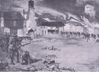 Gatekamper på den fransk-tyske grensen: Et fransk angrep på den prøyssiske garde, fra History of the Great War Vol 3 utgitt av Waverley Book Co Limited, ca. 1920