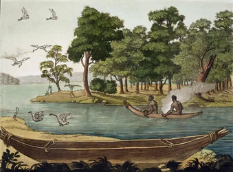 Navigasjonsmetode i New Holland, gravert av F. Fumagalli, illustrasjon fra en samling reisebøker fra tidlig på 1800-tallet