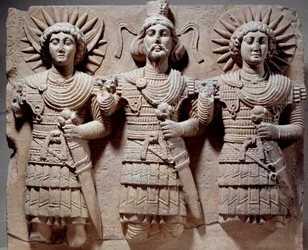 Palmyrensk triade: Baalshamin, himmelens herre mellom måneguden og solguden. Lavrelieff i kalkstein fra 1. århundre. Fra Palmyra, Syria. Mål: 0,6 x 0,72 m. Paris, Musée du Louvre