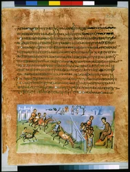 Helside: tekst og miniatyr: Josefs brødres andre reise til Egypt (miniatyr)