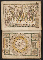 MS Hunter 40 f.2r, frontispice som viser Ahiqar, Platon, Galen og Aristoteles, og motstående side, fra #39;The arrangement of bodies for treatment#39; av Ibn Jazla (penn og blekk og akvarell på papir)