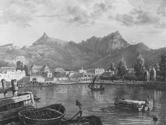 Port Louis, Mauritius, fra østsiden av havnen, ca. 1830 (litografi)