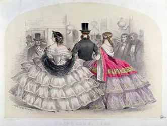 Damer som bærer crinolines ved Royal Italian Opera, Covent Garden, 1859 (fargegravering)