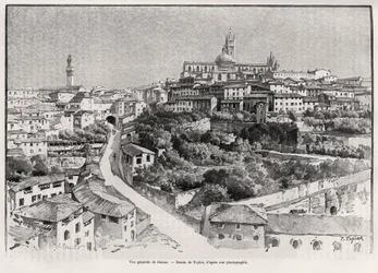 Generell utsikt over Siena (Italia). Gravering av Taylor for å illustrere historien "" A travers la Tuscane"" av Eugene Muntz (1845-1902), i Le tour du Monde 1892, regissert av Edouard Charton (1807-1891), Hachette, Paris.